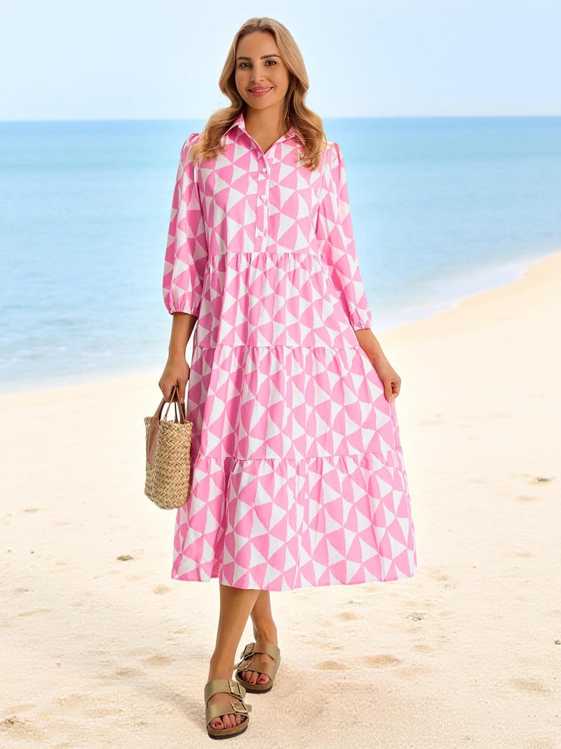 Wenrine Womens Casual Shirt Dress Floral 3/4 Sleeve Button Down V Neck Collared Loose Boho Beach Maxi Dresses A-Pink - Image 2