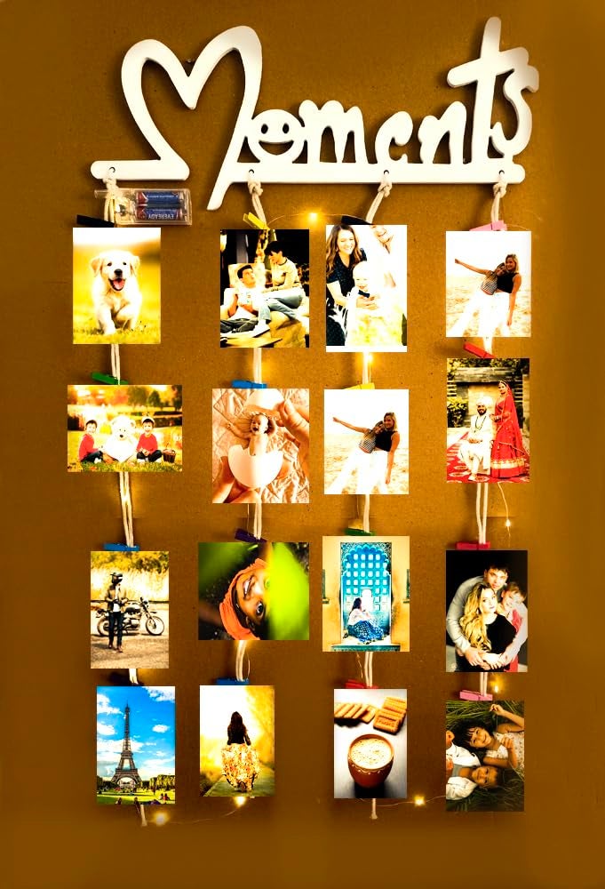 Khush Its Amazing Home Decor Wood White Moments With LED Light Hanging Photo Display DIY Picture Photo Frame Collage Set Includes Multi colour Clips