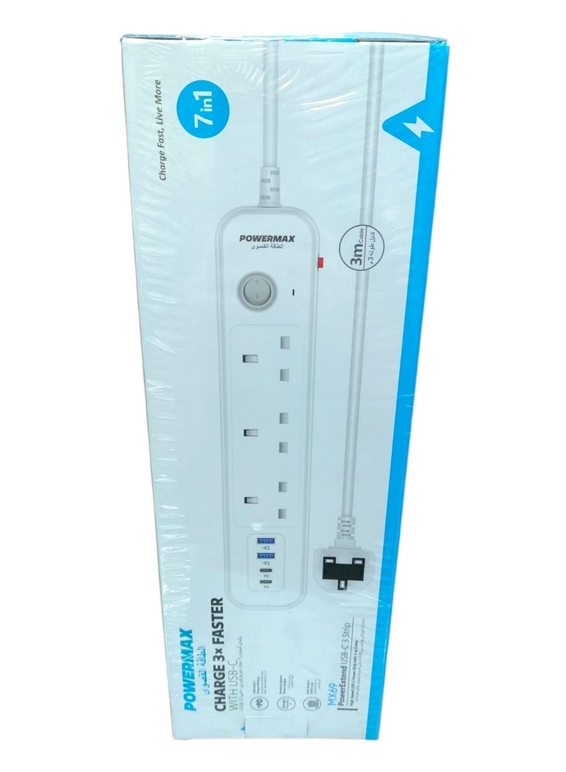 PowerMax 7-in-1 Power Strip 3 Meters with 3 Power Outlets and 4 USB + USB-C Ports - Image 2