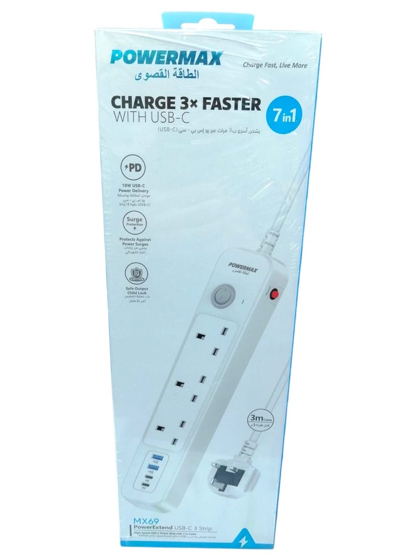 PowerMax 7-in-1 Power Strip 3 Meters with 3 Power Outlets and 4 USB + USB-C Ports - Image 3
