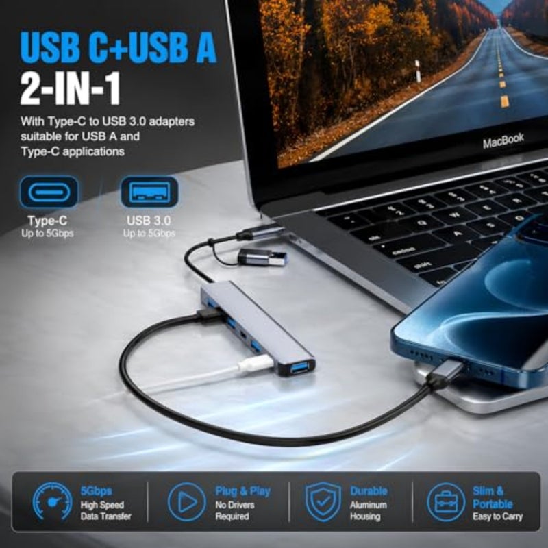 NEW 2026 - USB C Hub 7 in 2, Aluminum Multiport Adapter with USB 3.0 and USB 2.0 Ports, Slim USB Splitter for Laptop, MacBook Pro/Air, iPad, PC, Type-C Devices - Image 3