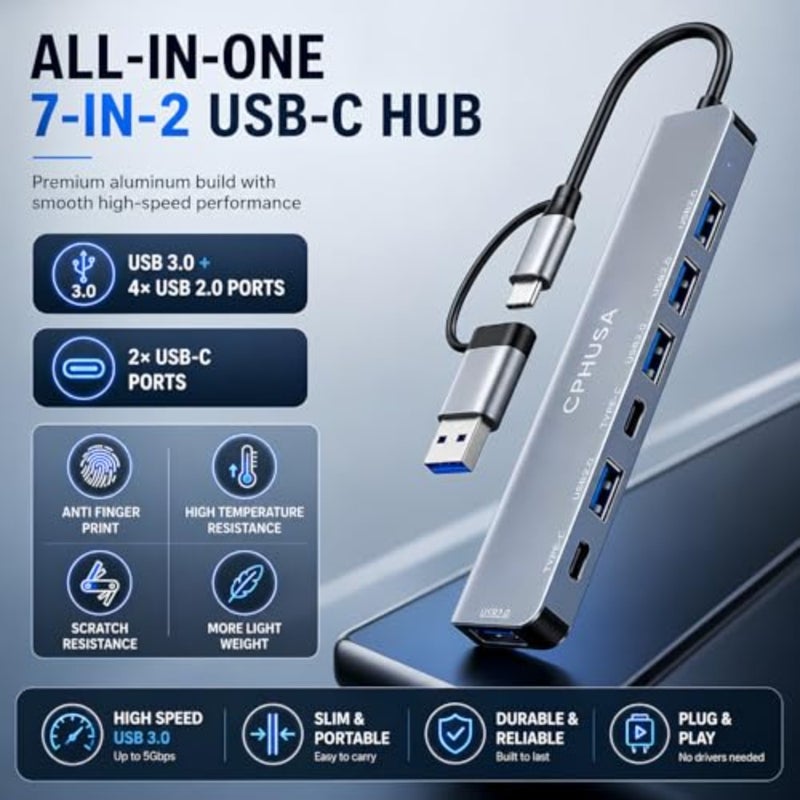 NEW 2026 - USB C Hub 7 in 2, Aluminum Multiport Adapter with USB 3.0 and USB 2.0 Ports, Slim USB Splitter for Laptop, MacBook Pro/Air, iPad, PC, Type-C Devices - Image 2