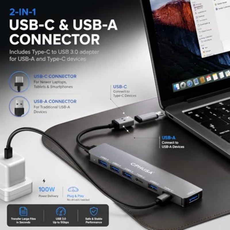 NEW 2026 - USB C Hub 7 in 2, Aluminum Multiport Adapter with USB 3.0 and USB 2.0 Ports, Slim USB Splitter for Laptop, MacBook Pro/Air, iPad, PC, Type-C Devices - Image 4