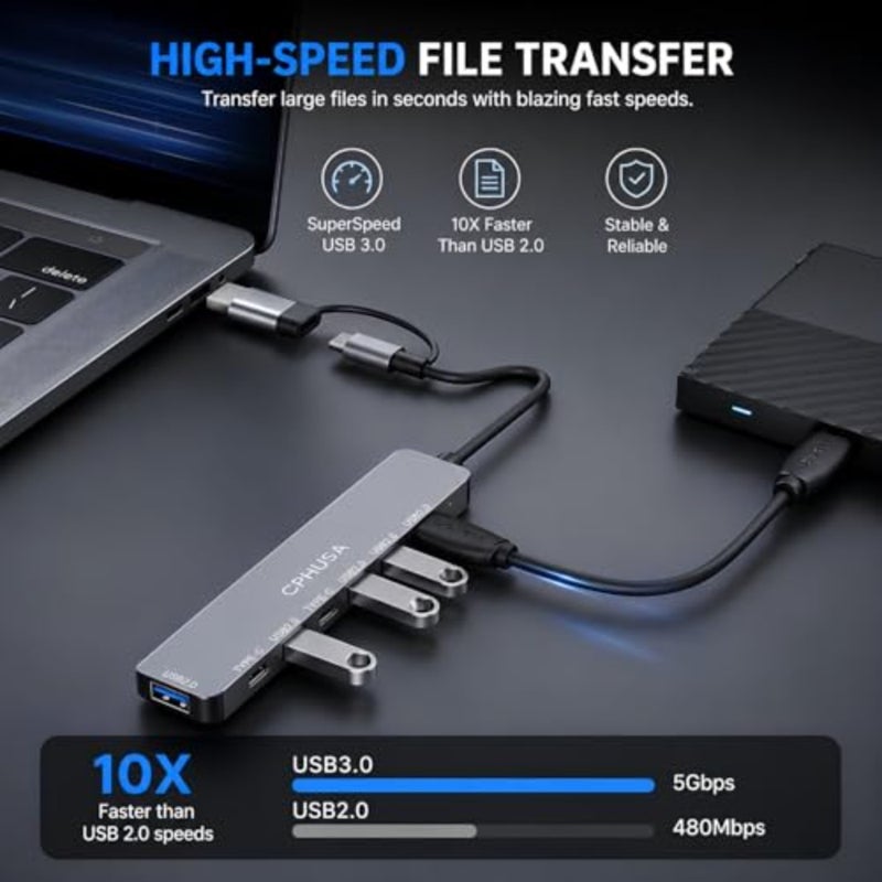NEW 2026 - USB C Hub 7 in 2, Aluminum Multiport Adapter with USB 3.0 and USB 2.0 Ports, Slim USB Splitter for Laptop, MacBook Pro/Air, iPad, PC, Type-C Devices - Image 5