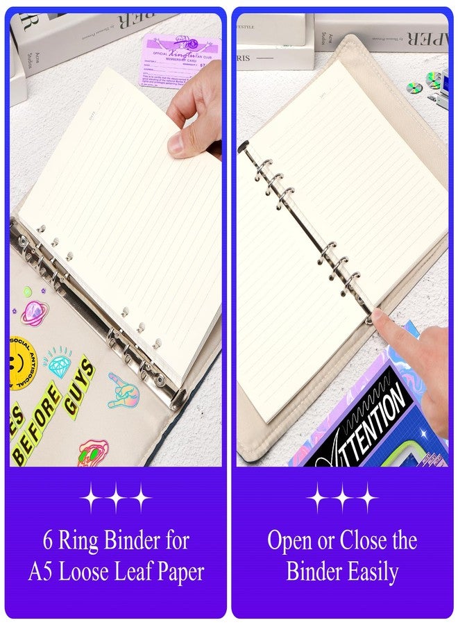 Toplive A5 Refillable Notebook Binder, A5 Denim 6 Ring Binder Cover with 100 Sheet Filler Paper, Y2K Personal Journal Notebook for Girls Women School College Students, Dark DENIM - Image 5