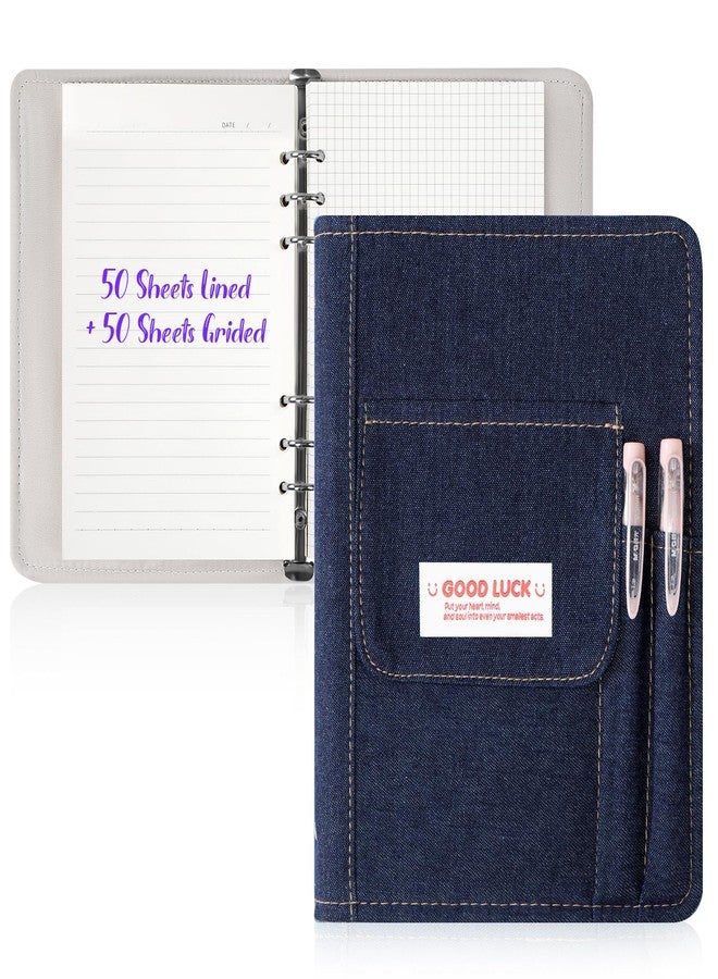 Toplive A5 Refillable Notebook Binder, A5 Denim 6 Ring Binder Cover with 100 Sheet Filler Paper, Y2K Personal Journal Notebook for Girls Women School College Students, Dark DENIM - Image 1