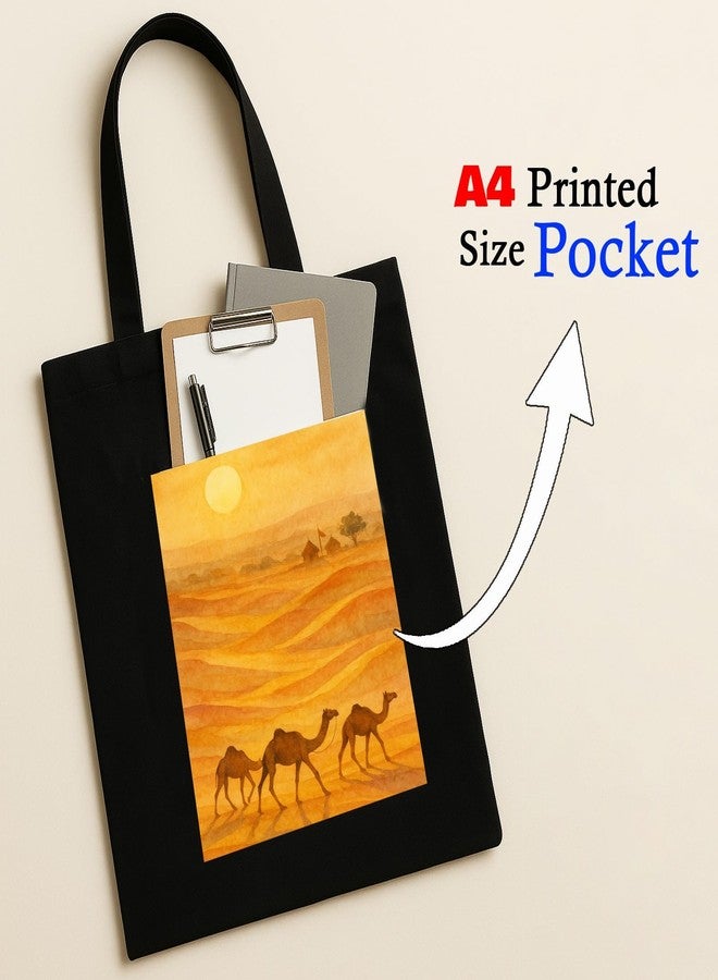 Megrok Rajasthan Desert Art Tote Bag for Women | Front A4 Size Printed Pocket | 16x14 Inch Landscape Cotton Bag | Spacious Travel Companion - Image 3