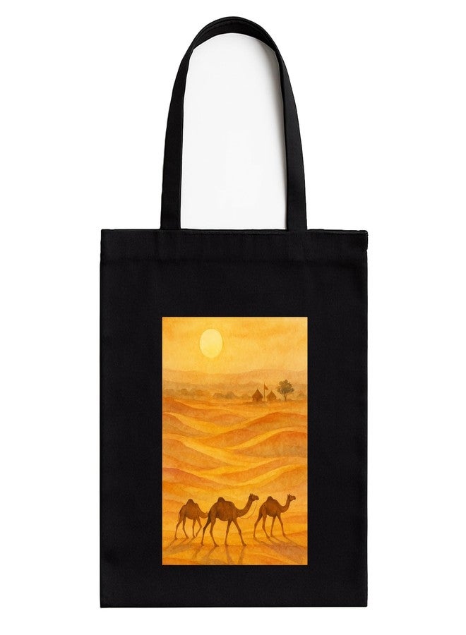 Megrok Rajasthan Desert Art Tote Bag for Women | Front A4 Size Printed Pocket | 16x14 Inch Landscape Cotton Bag | Spacious Travel Companion - Image 1