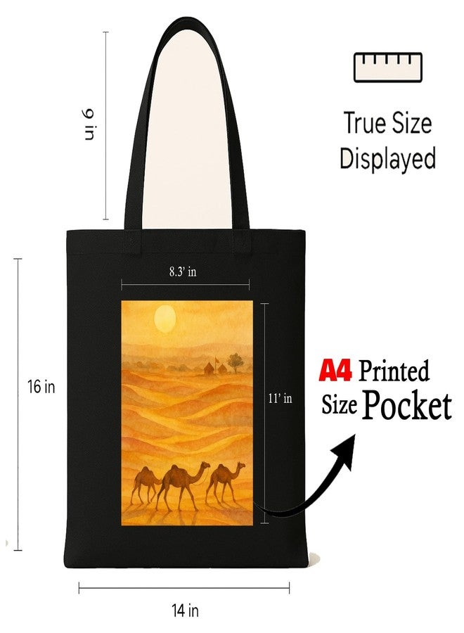 Megrok Rajasthan Desert Art Tote Bag for Women | Front A4 Size Printed Pocket | 16x14 Inch Landscape Cotton Bag | Spacious Travel Companion - Image 2