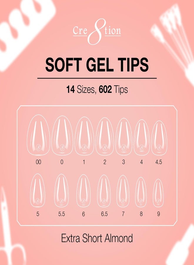 Cre8tion Soft Gel Nail Tips, Extra Short Almond Shape, 602 Tips in 14 Sizes (00-9) for Professional Nail Extensions - Image 2