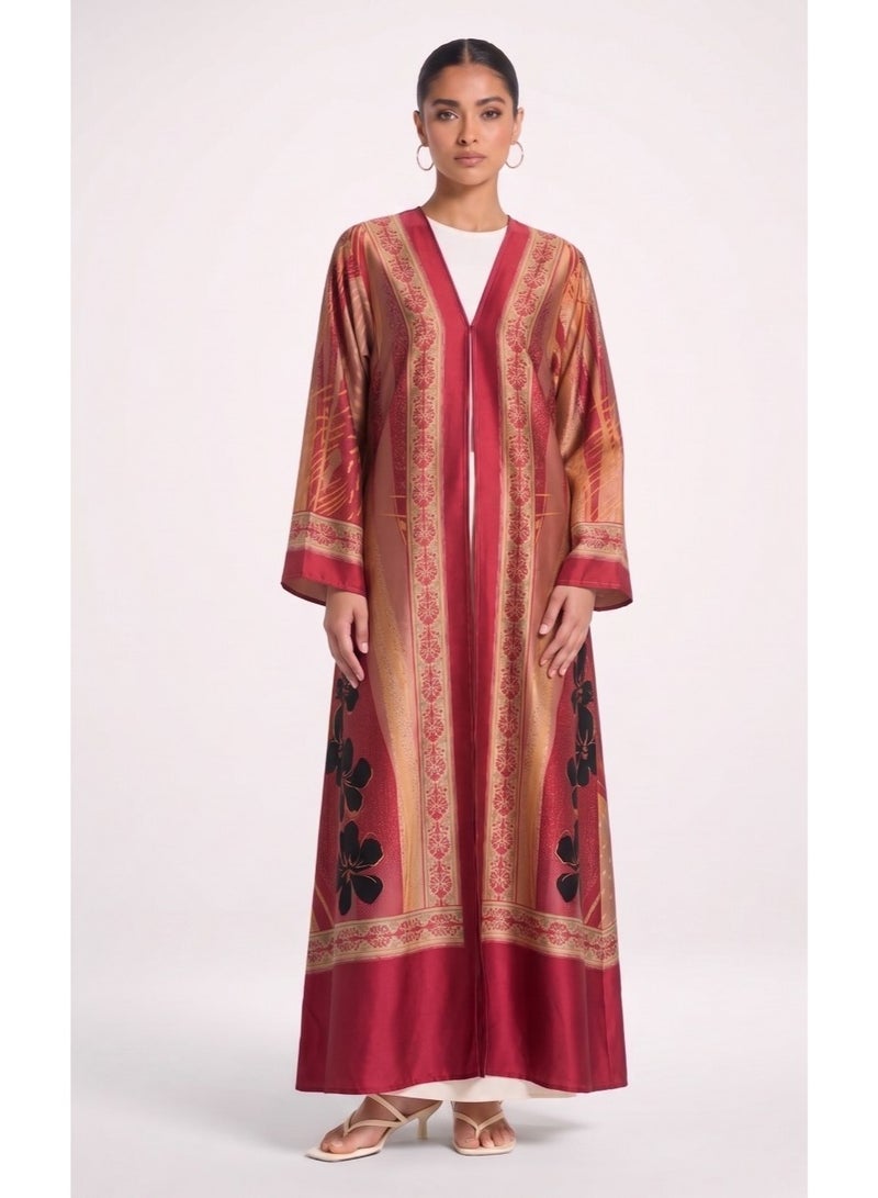 Next Abaya Luxury Abstract Print Silk Open Abaya Burgundy and Gold Patterned Kimono - Image 1