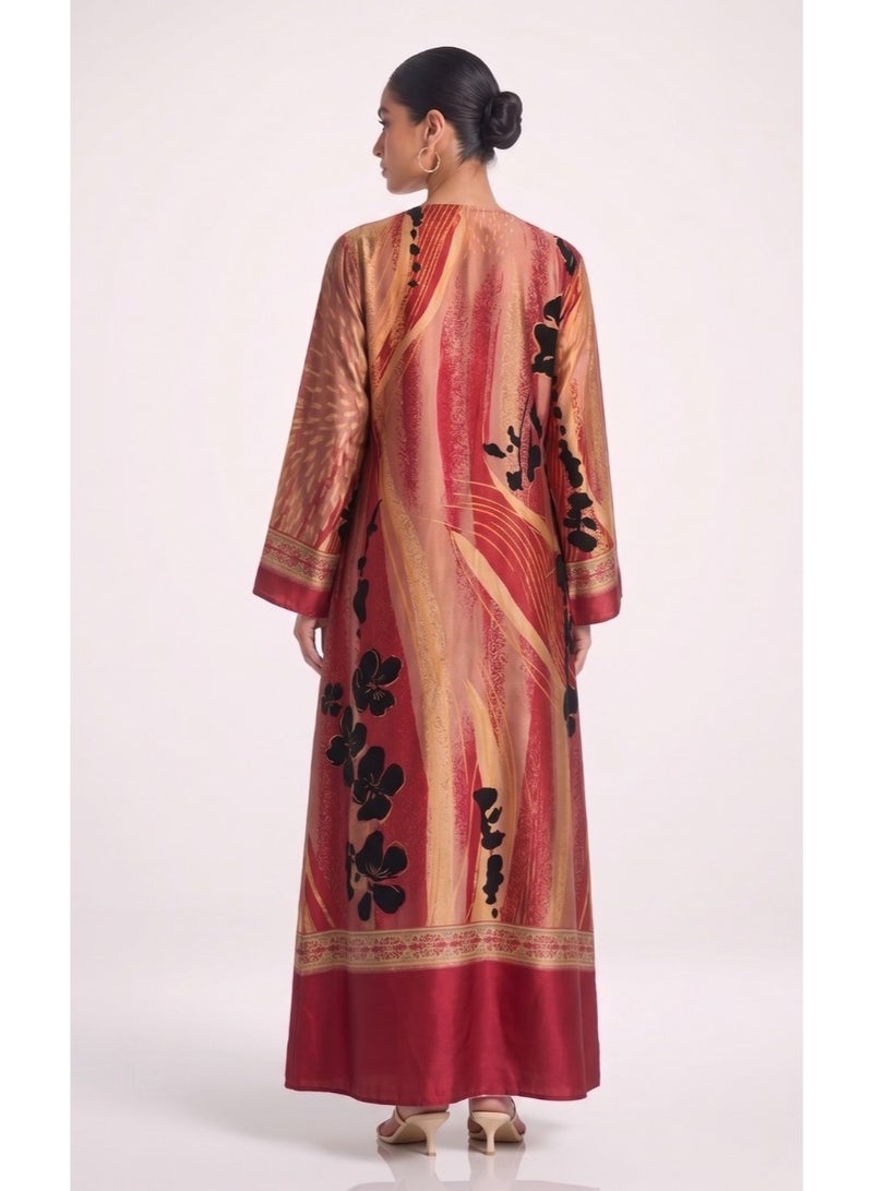 Next Abaya Luxury Abstract Print Silk Open Abaya Burgundy and Gold Patterned Kimono - Image 2