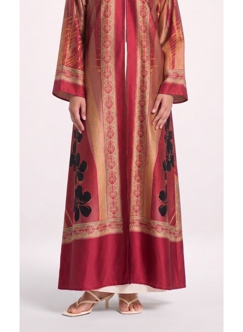 Next Abaya Luxury Abstract Print Silk Open Abaya Burgundy and Gold Patterned Kimono - Image 4