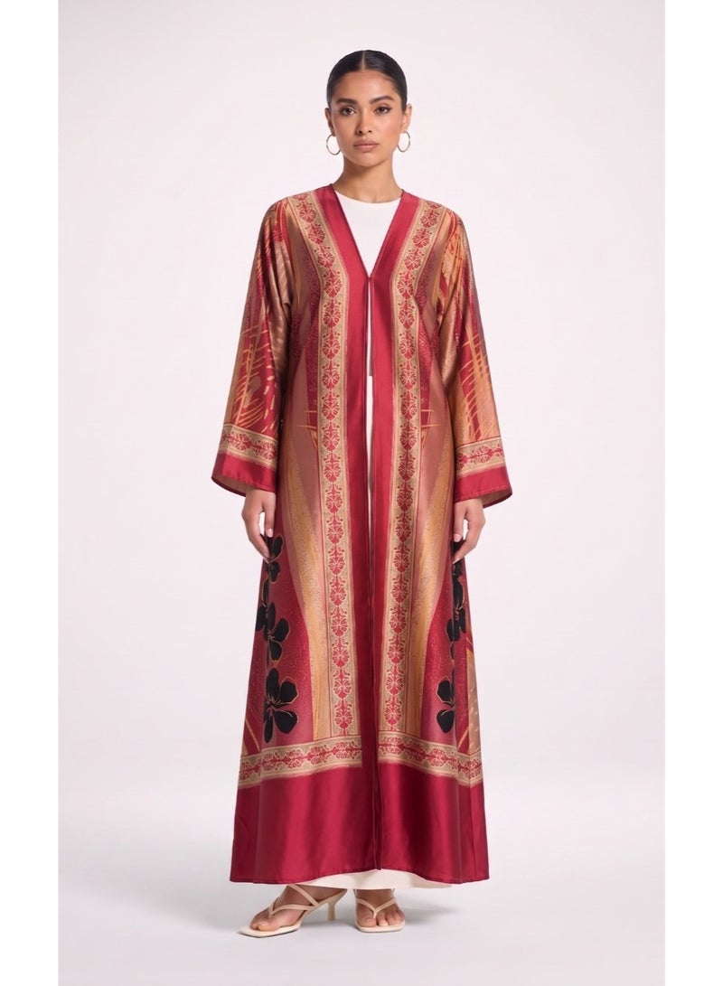 Next Abaya Luxury Abstract Print Silk Open Abaya Burgundy and Gold Patterned Kimono - Image 3