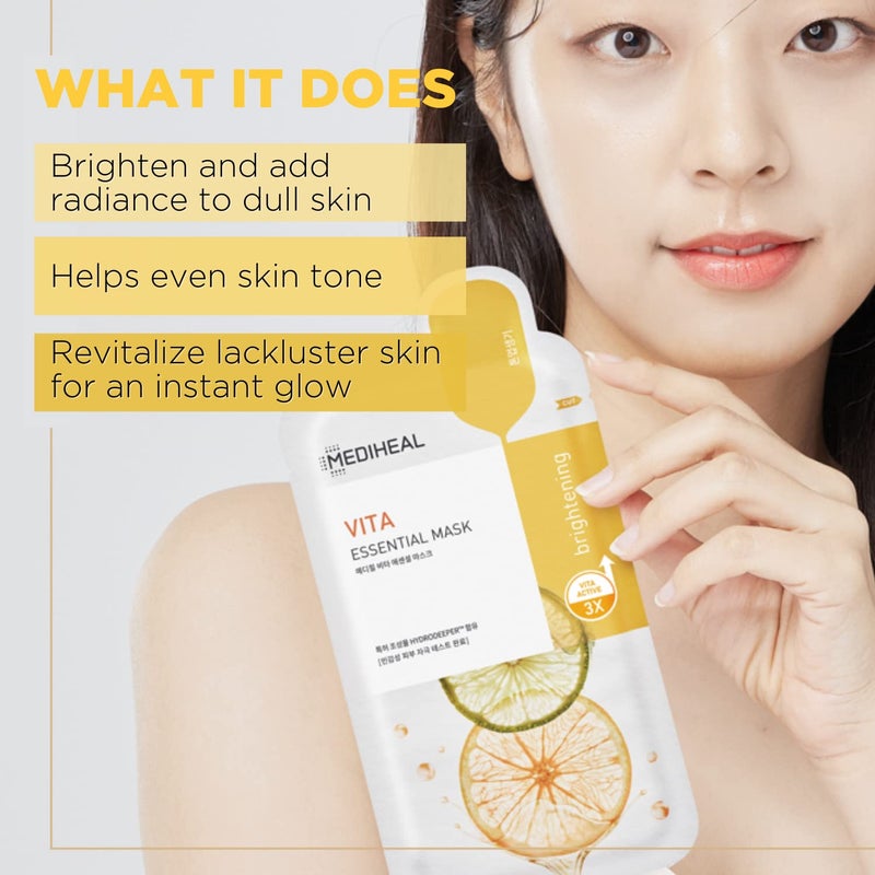 Mediheal Best Korean Sheet Mask - Vita Essential Face Mask 10 Sheets Vitamin Mask For All skin types Smoothing Tightening Toning up Brightening - Image 2