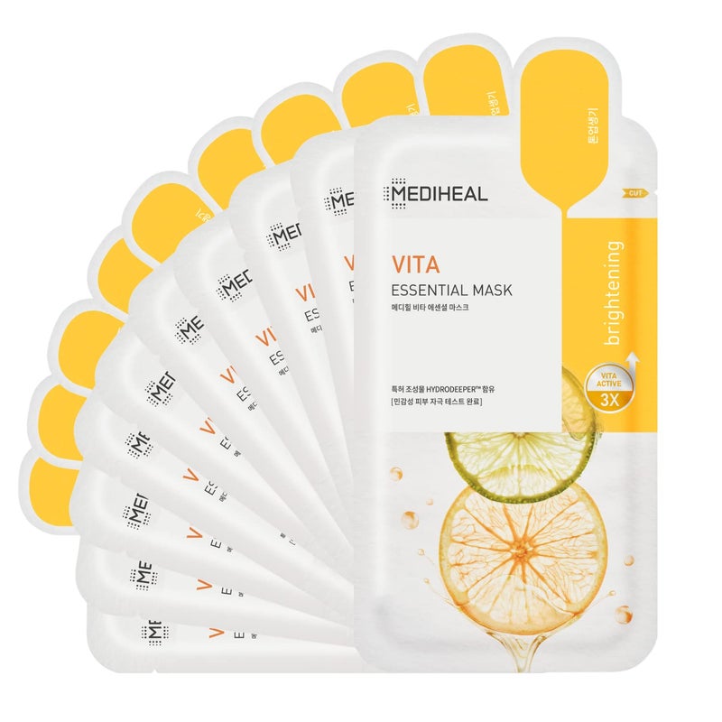 Mediheal Best Korean Sheet Mask - Vita Essential Face Mask 10 Sheets Vitamin Mask For All skin types Smoothing Tightening Toning up Brightening - Image 1
