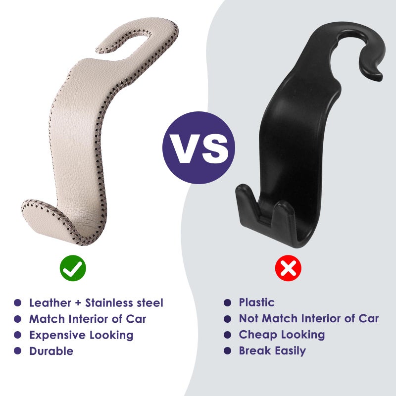AMVOYOA Leather Car Hooks for Headrest - Fully Leather-Wrapped U-Shaped Purse Holder for Car, Flexible Seat Back Organizer & Durable Car Accessories for Purses, Bags, Coats & More (Beige, 2 Pack) - Image 5