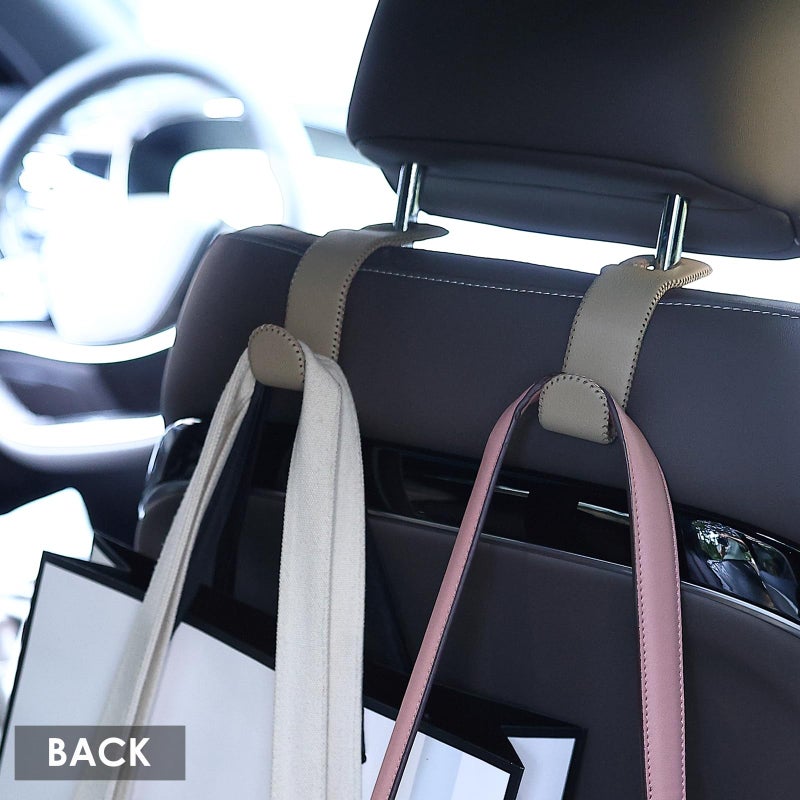 AMVOYOA Leather Car Hooks for Headrest - Fully Leather-Wrapped U-Shaped Purse Holder for Car, Flexible Seat Back Organizer & Durable Car Accessories for Purses, Bags, Coats & More (Beige, 2 Pack) - Image 4