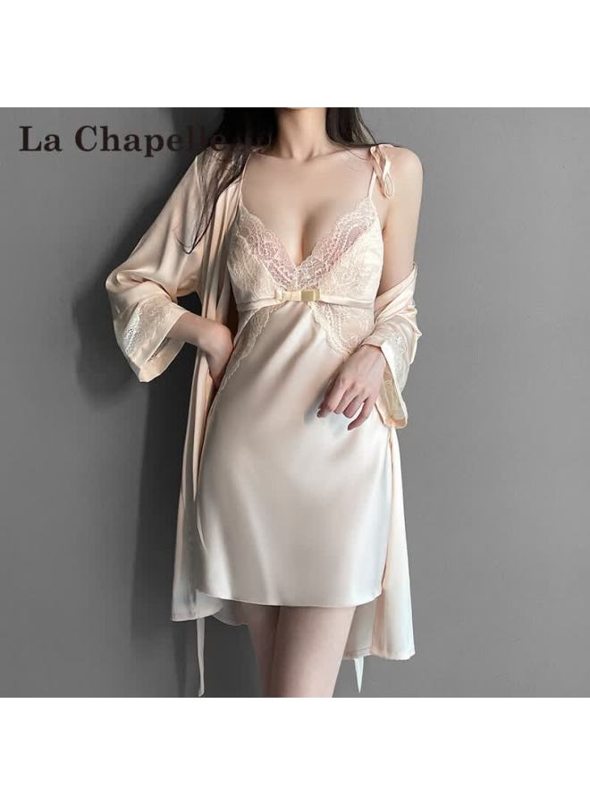 La Chapelle Women's Ice Silk Pajamas Autumn With Chest Pad High-end Lace Camisole Nightdress Robe Set Loungewear - Image 1
