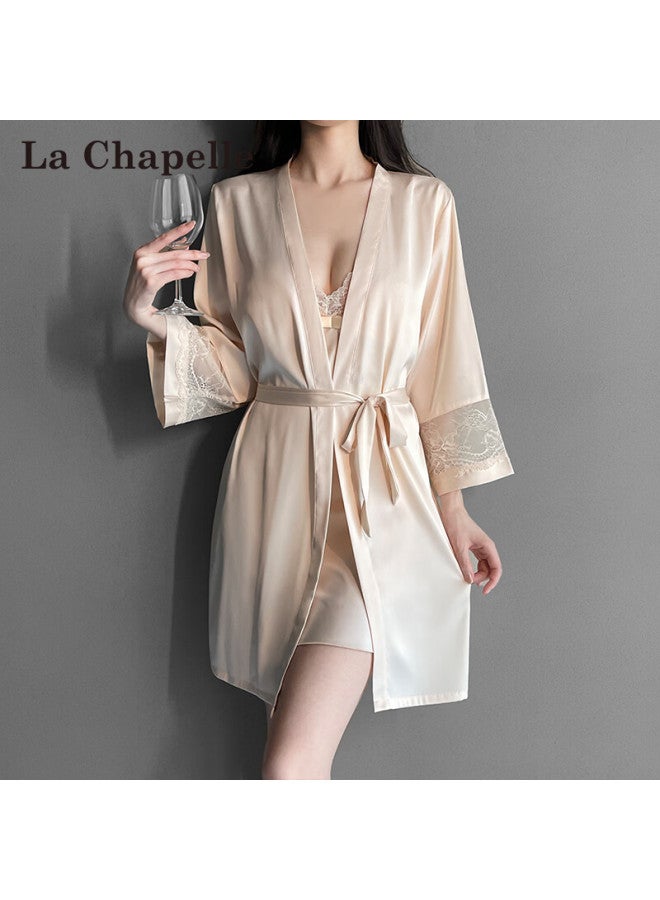La Chapelle Women's Ice Silk Pajamas Autumn With Chest Pad High-end Lace Camisole Nightdress Robe Set Loungewear - Image 2