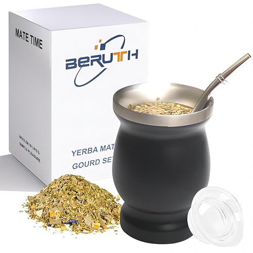 Beruth Bombilla Yerba Mate Gourd 8oz Stainless Steel Tea Cup Set with a Multifunctional Lid Two Straws and Cleaning Brushes Double Walled Coffee Mug Heat Insulation Anti Scalding BR2302 Black