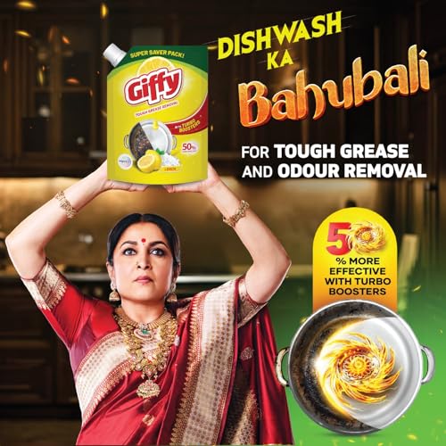 Giffy Liquid Dishwash Gel 2 Litre | Lemon and Active Salt | 50% More Effective | Tough Grease Removal Expert | Turbo Boosters | Mild fragrance | Removes Tough Malodour | Hand-Safe - Image 5
