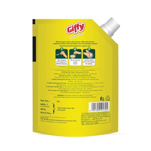 Giffy Liquid Dishwash Gel 2 Litre | Lemon and Active Salt | 50% More Effective | Tough Grease Removal Expert | Turbo Boosters | Mild fragrance | Removes Tough Malodour | Hand-Safe - Image 3