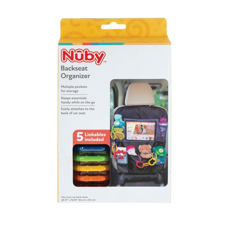Nuby Backseat Car Organizer Set: Organizer with Tablet Holder, Storage Pockets and 5 Linkable Hooks for Attaching Accessories | Easy to Clean Black - Image 5
