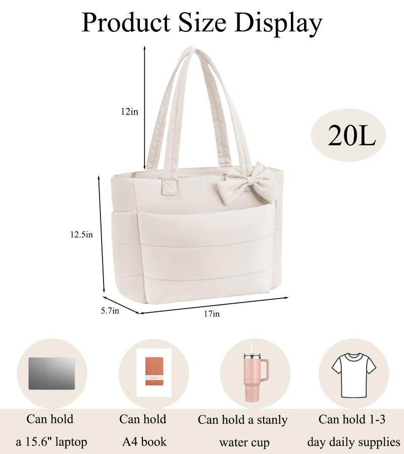 CTWWFS Puffer Tote Bag for Women, Quilted Bow Tote Bag with Cup Holder & 15.6 In Laptop Compartment, Lightweight Puffy Shoulder Bag with Zipper for Work, Travel, Gym, College (Beige) - Image 3
