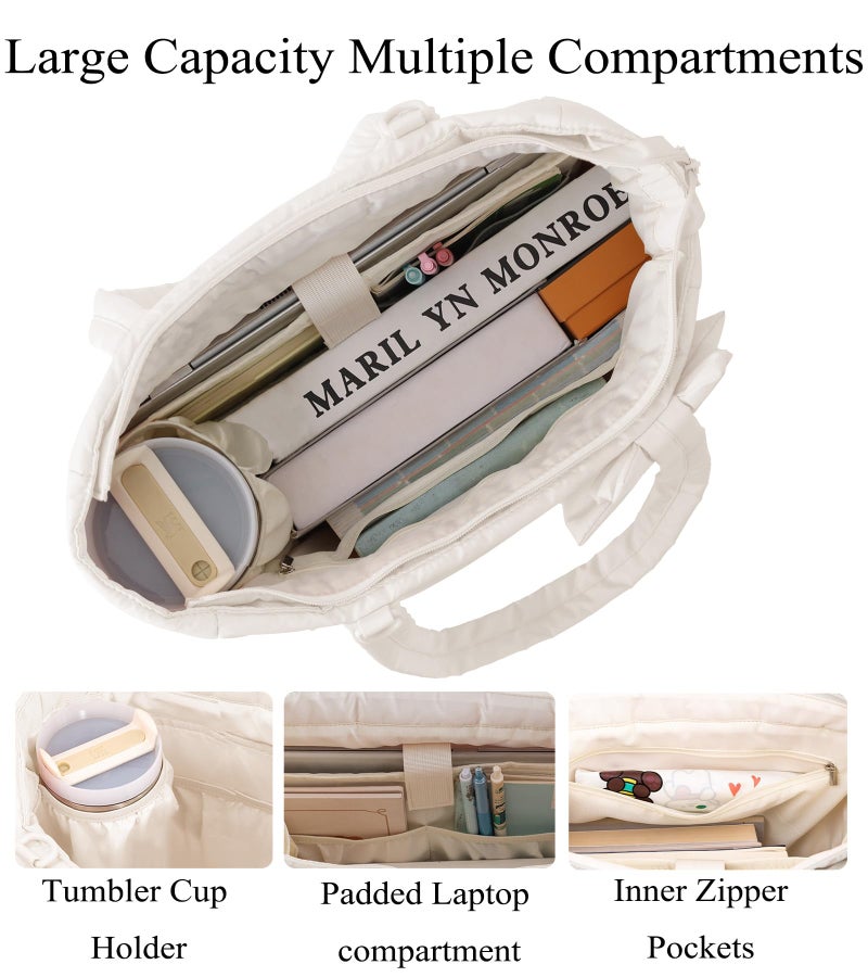 CTWWFS Puffer Tote Bag for Women, Quilted Bow Tote Bag with Cup Holder & 15.6 In Laptop Compartment, Lightweight Puffy Shoulder Bag with Zipper for Work, Travel, Gym, College (Beige) - Image 4
