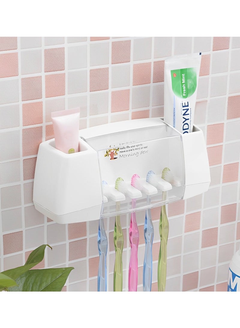 HEXAR Toothbrush Holder, 5 Slots 2 Cups Multifunctional Space-Saving Toothbrush and Toothpaste Holder, Dust Protection Cover Drain Holes Suction Hook Wall Mounted for Washroom and Bathroom  - Image 1