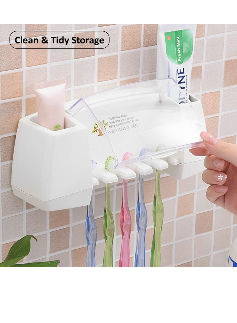 HEXAR Toothbrush Holder, 5 Slots 2 Cups Multifunctional Space-Saving Toothbrush and Toothpaste Holder, Dust Protection Cover Drain Holes Suction Hook Wall Mounted for Washroom and Bathroom  - Image 5