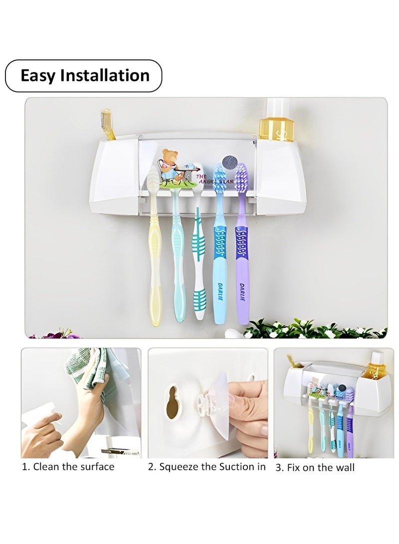 HEXAR Toothbrush Holder, 5 Slots 2 Cups Multifunctional Space-Saving Toothbrush and Toothpaste Holder, Dust Protection Cover Drain Holes Suction Hook Wall Mounted for Washroom and Bathroom  - Image 4