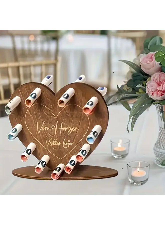 Heart Shaped Artificial Wood Gift Box With 3D Love Letters For Cash Storage - Image 3
