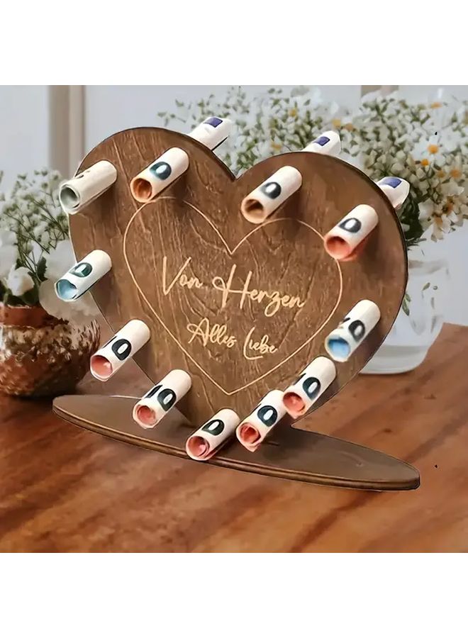 Heart Shaped Artificial Wood Gift Box With 3D Love Letters For Cash Storage - Image 1
