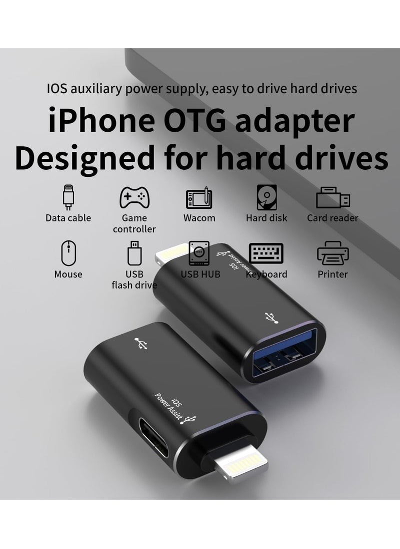 Excefore - Lightning to USB Female Adapter, Support Charging, and Data Transmission, with USB-C Aux Power Port for iPhone 14/13/12/11/iPad, Supports Hard Disk, Card Reader, Camera, USB, Mouse, Keyboard - Image 1