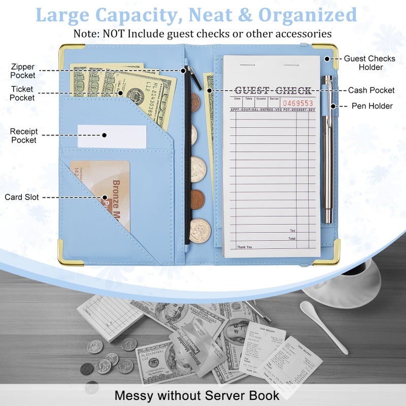 EllaSeek Server Books for Waitress, Faux Leather Server Book with Zipper Pocket, Cute Serving Book with Pen Holder Fits Servers Apron - Image 3
