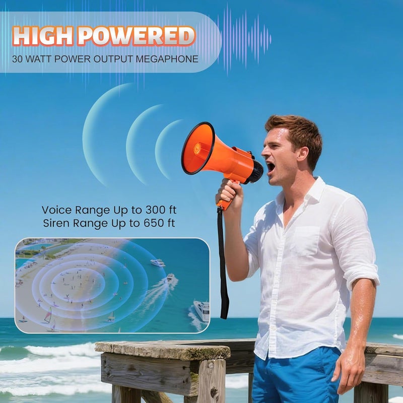 Loudmore 30 Watt Power Portable Megaphone Bullhorn Speaker Voice, Siren/Alarm and 240S Recording with Volume Control and Strap (Red) - Image 4