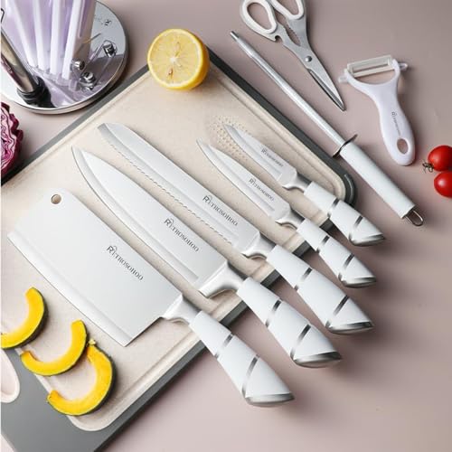 RETROSOHOO Kitchen Knife Set, Retrosohoo 9-Piece White Sharp Non-Stick Coated Chef Knives Block Set,Stainless Steel Knife Set for Kitchen with Sharpener for Cutting Slicing Dicing Chopping (White) - Image 4