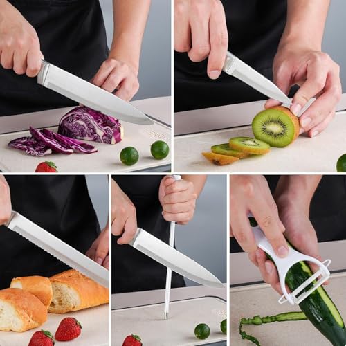 RETROSOHOO Kitchen Knife Set, Retrosohoo 9-Piece White Sharp Non-Stick Coated Chef Knives Block Set,Stainless Steel Knife Set for Kitchen with Sharpener for Cutting Slicing Dicing Chopping (White) - Image 3