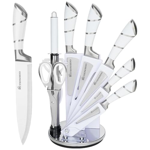 RETROSOHOO Kitchen Knife Set, Retrosohoo 9-Piece White Sharp Non-Stick Coated Chef Knives Block Set,Stainless Steel Knife Set for Kitchen with Sharpener for Cutting Slicing Dicing Chopping (White) - Image 1