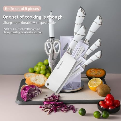 RETROSOHOO Kitchen Knife Set, Retrosohoo 9-Piece White Sharp Non-Stick Coated Chef Knives Block Set,Stainless Steel Knife Set for Kitchen with Sharpener for Cutting Slicing Dicing Chopping (White) - Image 2