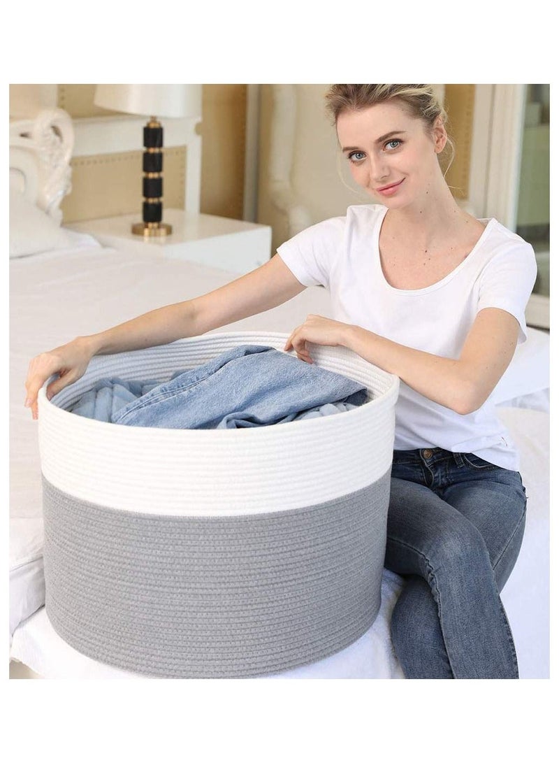 KASTWAVE XXXLarge Cotton Rope Basket Woven Rope Laundry Basket Blanket Basket Laundry Hamper with Handles Decorative Basket Comforter Cushions Storage for Storage Toys Throws Pillows Towels Light Grey - Image 3
