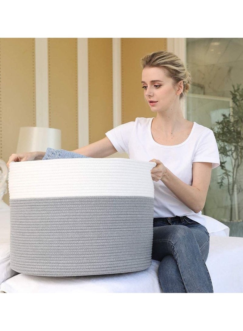 KASTWAVE XXXLarge Cotton Rope Basket Woven Rope Laundry Basket Blanket Basket Laundry Hamper with Handles Decorative Basket Comforter Cushions Storage for Storage Toys Throws Pillows Towels Light Grey - Image 2
