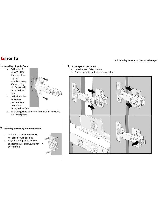 Berta (25 Pieces) Full Overlay Frameless Soft Closing European Hinges, 110 Degree 3D Adjustable Clip On Concealed Kitchen Cabinet Door Hinges with Screws - Image 4
