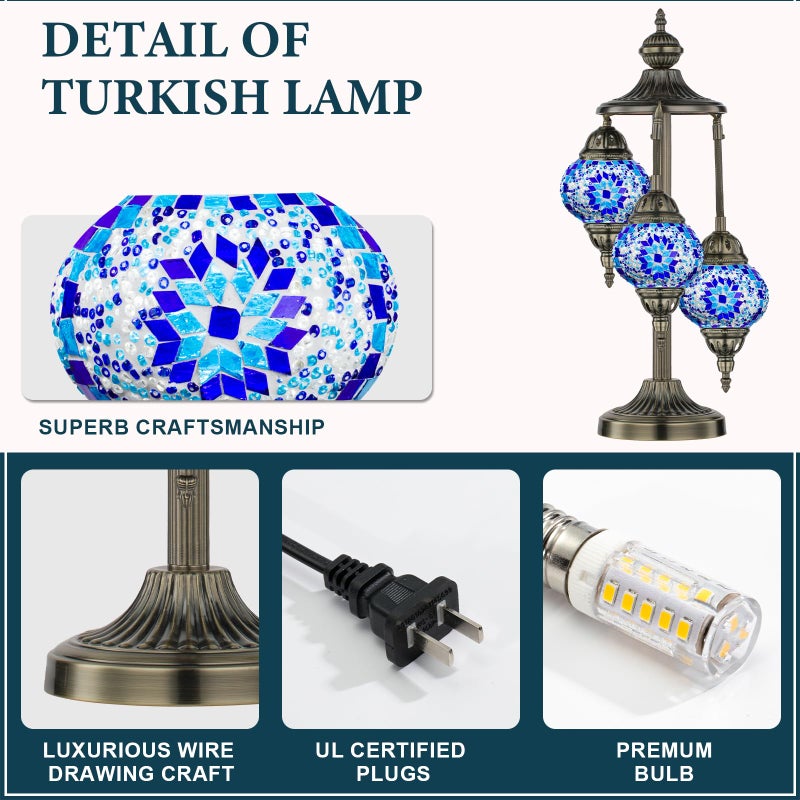 Marrakech Turkish Lamp 3 Globes Moroccan Table Lamp with Bronze Base, 23" Tall Handmade Blue Tiffany Mosaic Glass Night Light Fixture Including LED Bulb for Living Room Bedroom Decor - Image 4