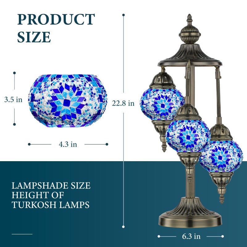 Marrakech Turkish Lamp 3 Globes Moroccan Table Lamp with Bronze Base, 23" Tall Handmade Blue Tiffany Mosaic Glass Night Light Fixture Including LED Bulb for Living Room Bedroom Decor - Image 3
