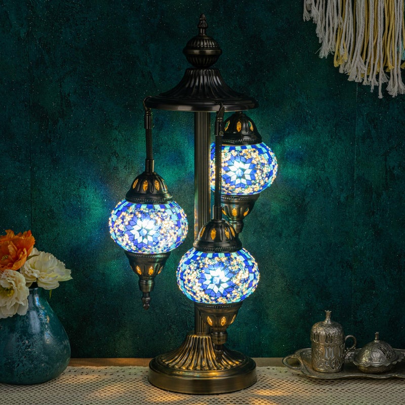 Marrakech Turkish Lamp 3 Globes Moroccan Table Lamp with Bronze Base, 23" Tall Handmade Blue Tiffany Mosaic Glass Night Light Fixture Including LED Bulb for Living Room Bedroom Decor - Image 1