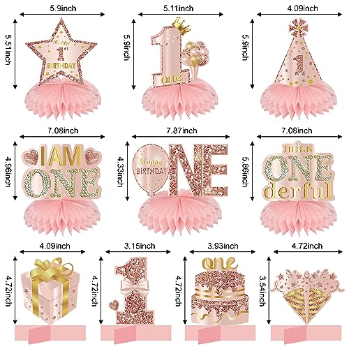 Turypaty 10Pcs 1st Birthday Decorations Honeycomb Centerpieces for Baby Girls, Pink Rose Gold Miss Onederful First Birthday Table Centerpieces Party Supplies, One Year Old Bday Table Topper Decor - Image 2