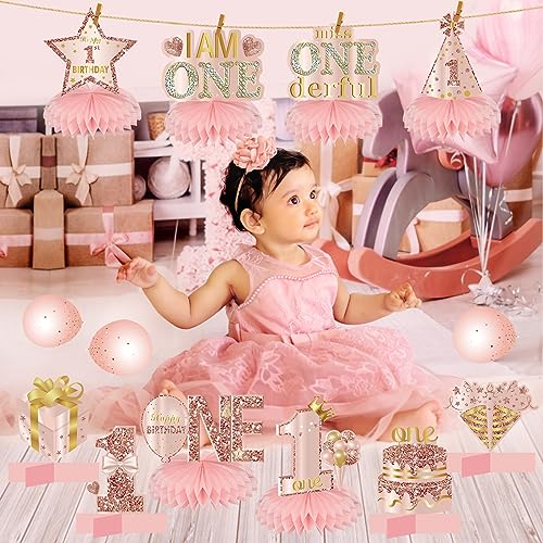 Turypaty 10Pcs 1st Birthday Decorations Honeycomb Centerpieces for Baby Girls, Pink Rose Gold Miss Onederful First Birthday Table Centerpieces Party Supplies, One Year Old Bday Table Topper Decor - Image 4